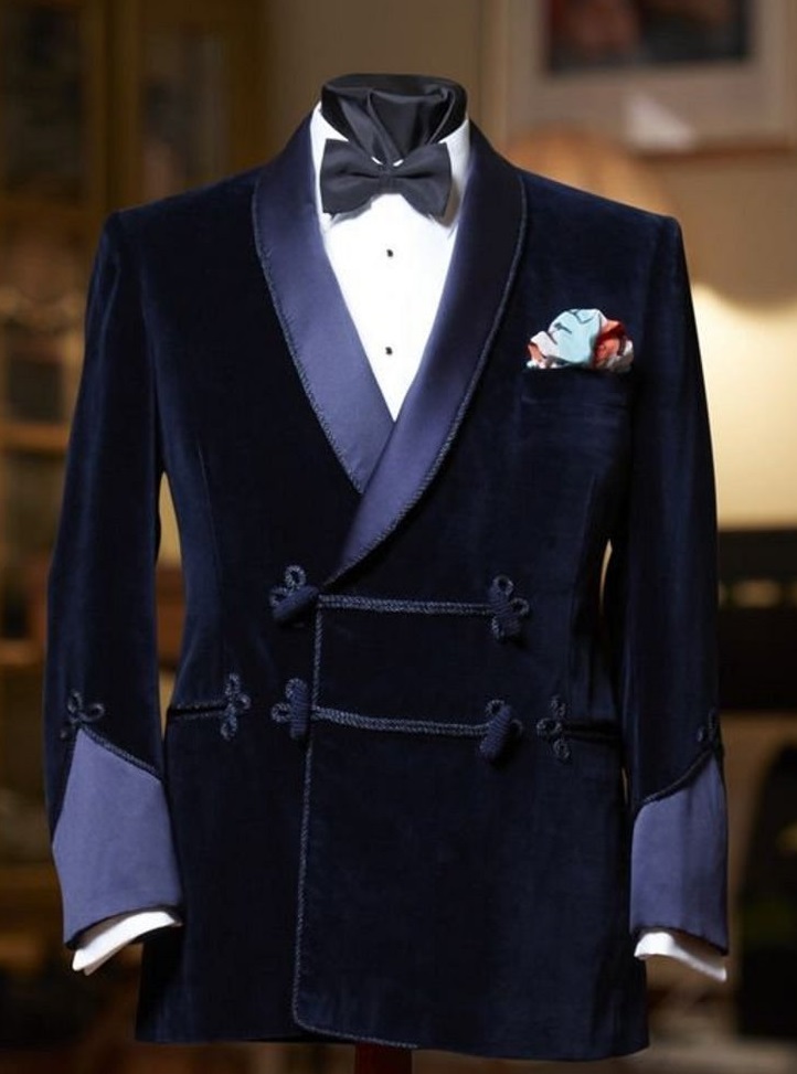 Men Smoking Quilted Jacket Robe Blue Velvet Party Wear Long Blazer Elegant Dinner Coat
