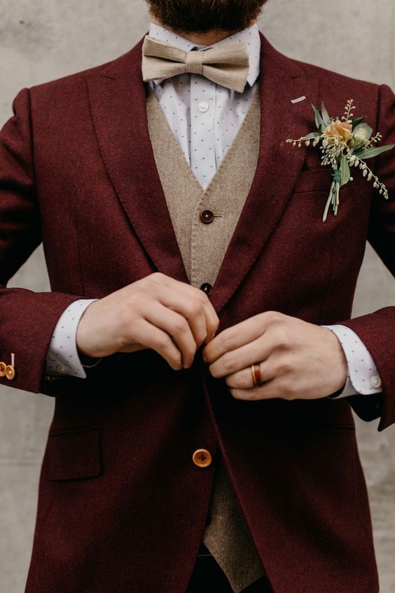Mens Wool Burgundy Red Wedding Suit