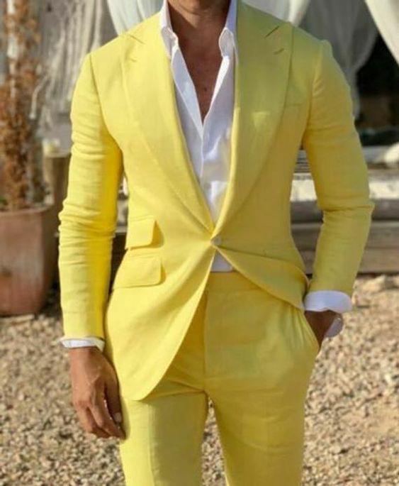 Summer Beach Linen Yellow Wedding Suits