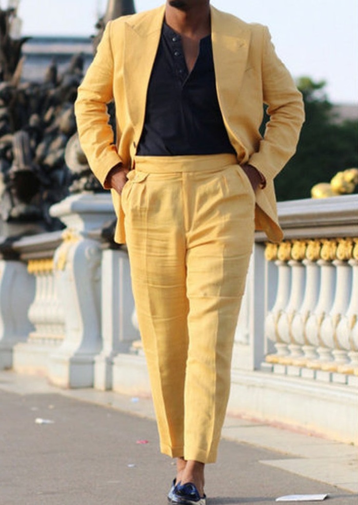 Yellow Linen Two Button Tuxedo Suit