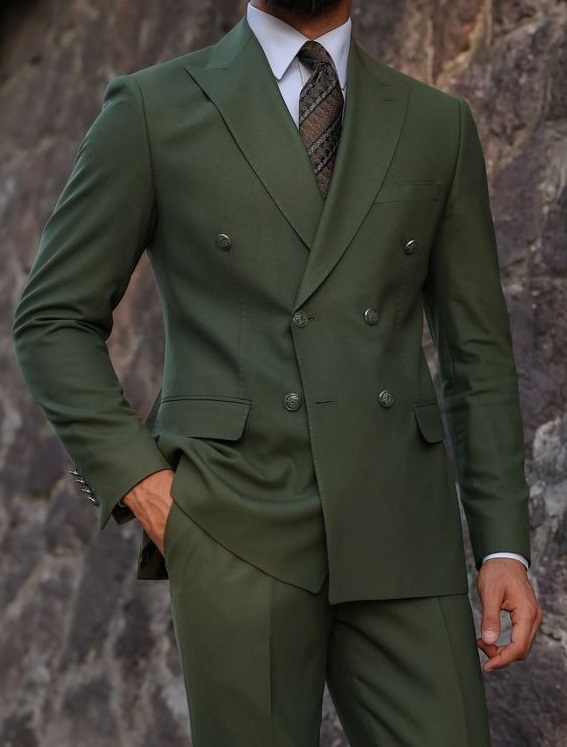 Olive Green Double-Breasted Suit 2-Piece