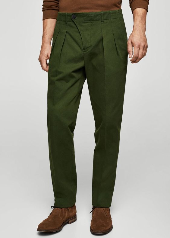 Trendy Green Pleated Cotton Chinos