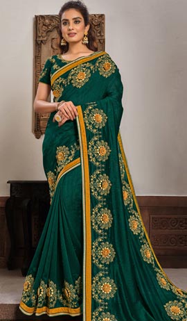 Embroidered Dark Green Indian Saree