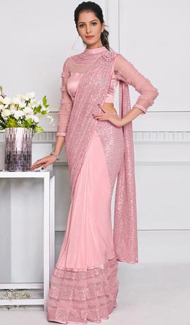 Pink Lycra Ready To Wear Saree